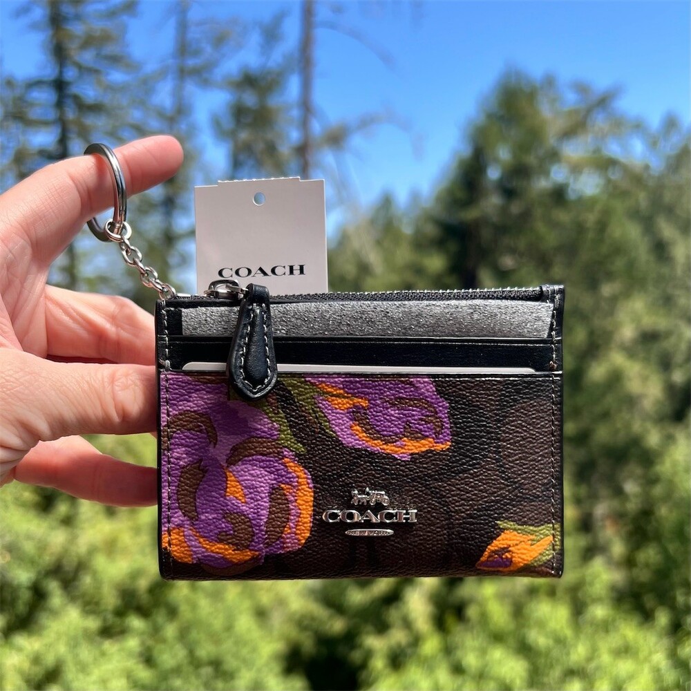 COACH Mini Skinny ID Case Keychain Cardholder Wallet Purple Rose Floral Print